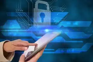 composite of hands using smartphone with padlock background